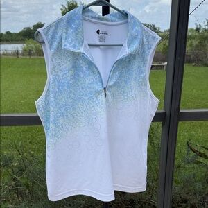 Izod White Sleeveless Zip Polo with Pale Blue & Light Green Pattern